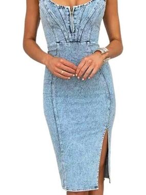 Denim Midi Bodycon Dress with Front Zip and Side Slit - Light Blue